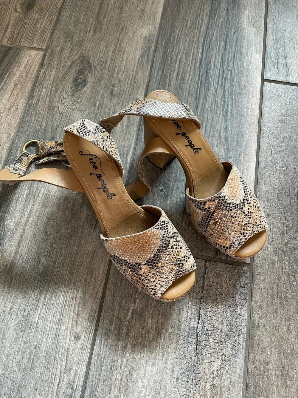 Free People Tan Snake-Print Block Heel Sandals